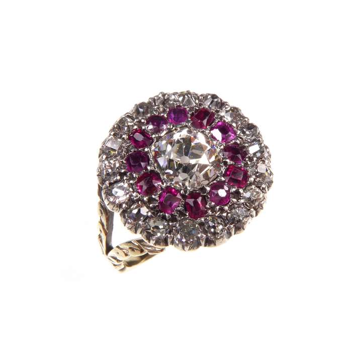 Antique cushion diamond and ruby target cluster ring